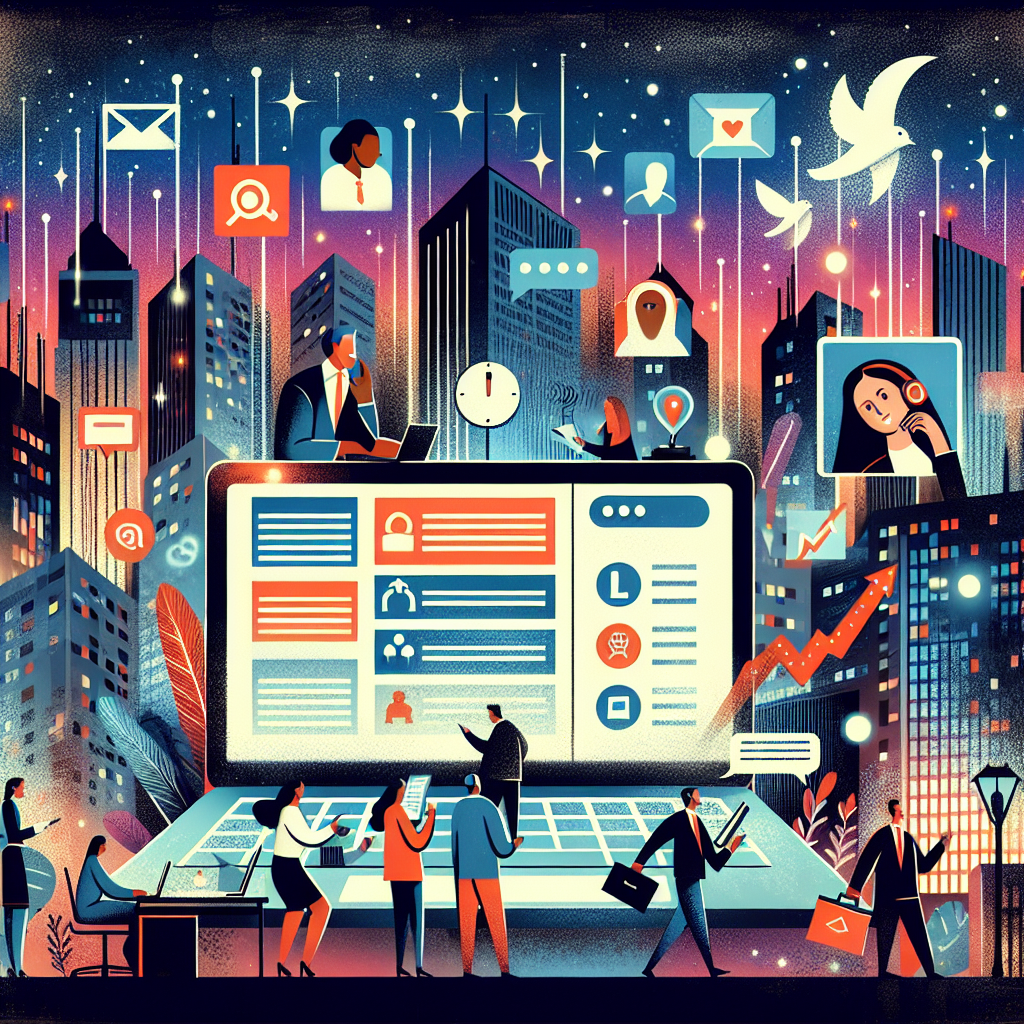 Illustration of laptop displaying unified inbox in a city skyline at night setting, with a creative mood.