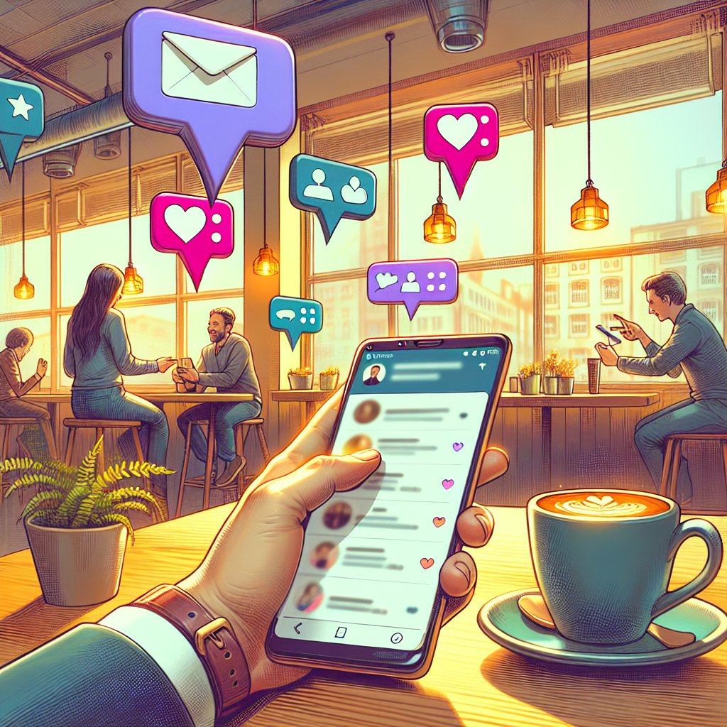 Illustration of hand holding phone with notifications in a coffee shop setting setting, with a happy mood.