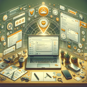 Illustration of laptop displaying unified inbox in a clean digital dashboard setting, with a focused mood.
