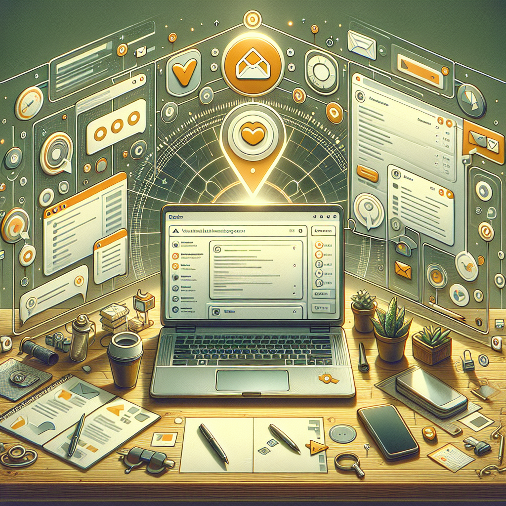 Illustration of laptop displaying unified inbox in a clean digital dashboard setting, with a focused mood.