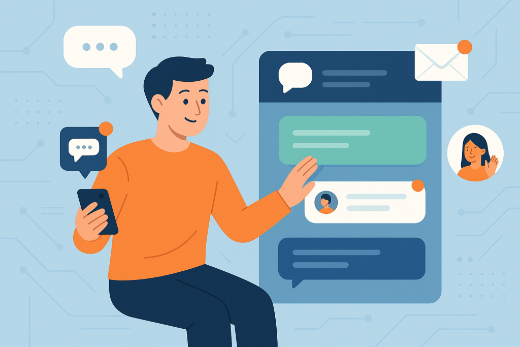 Illustration of person managing messages from devices in a abstract tech patterns setting, with a relaxed mood.