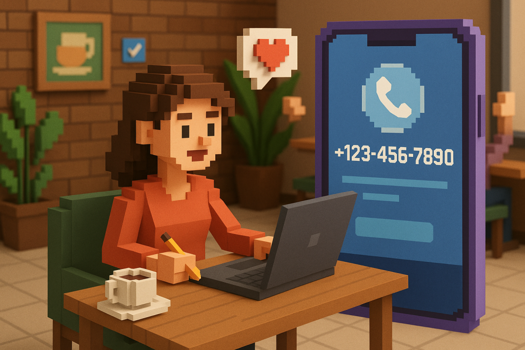 Illustration of virtual phone number concept on screen in a coffee shop setting setting, with a inspired mood.
