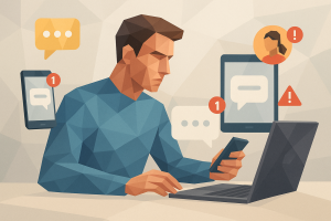 Illustration of person managing messages from devices in a minimal app interface setting, with a determined mood.