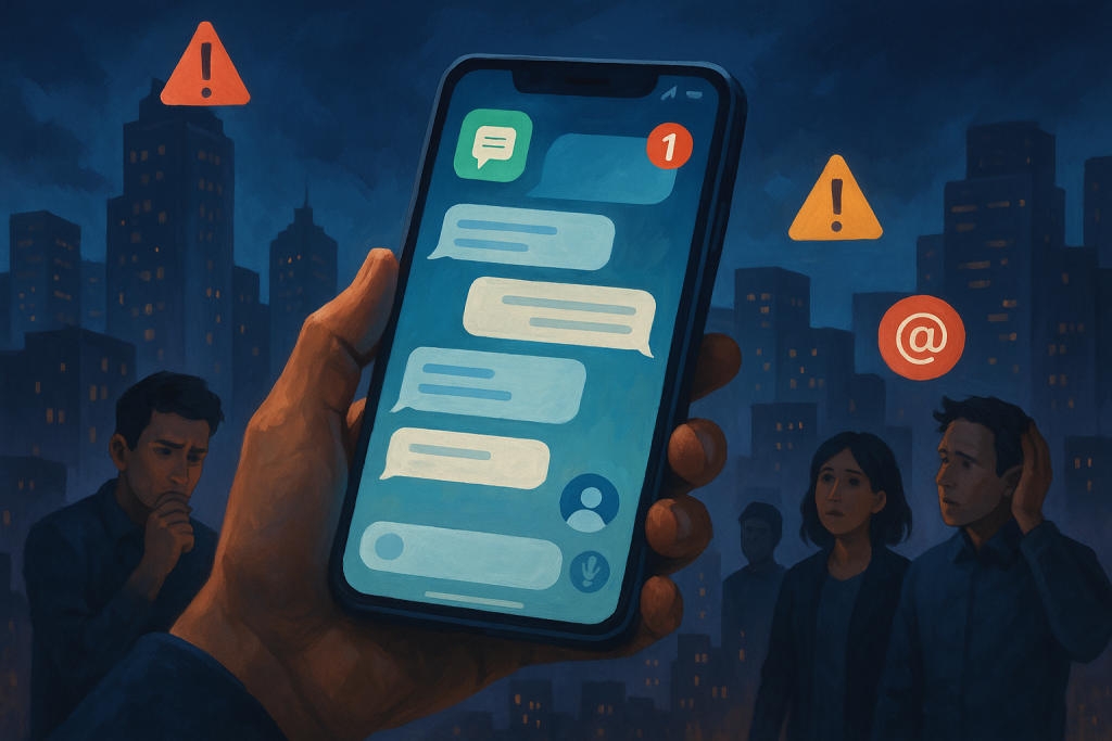 Illustration of smartphone with messaging apps open in a city skyline at night setting, with a determined mood.