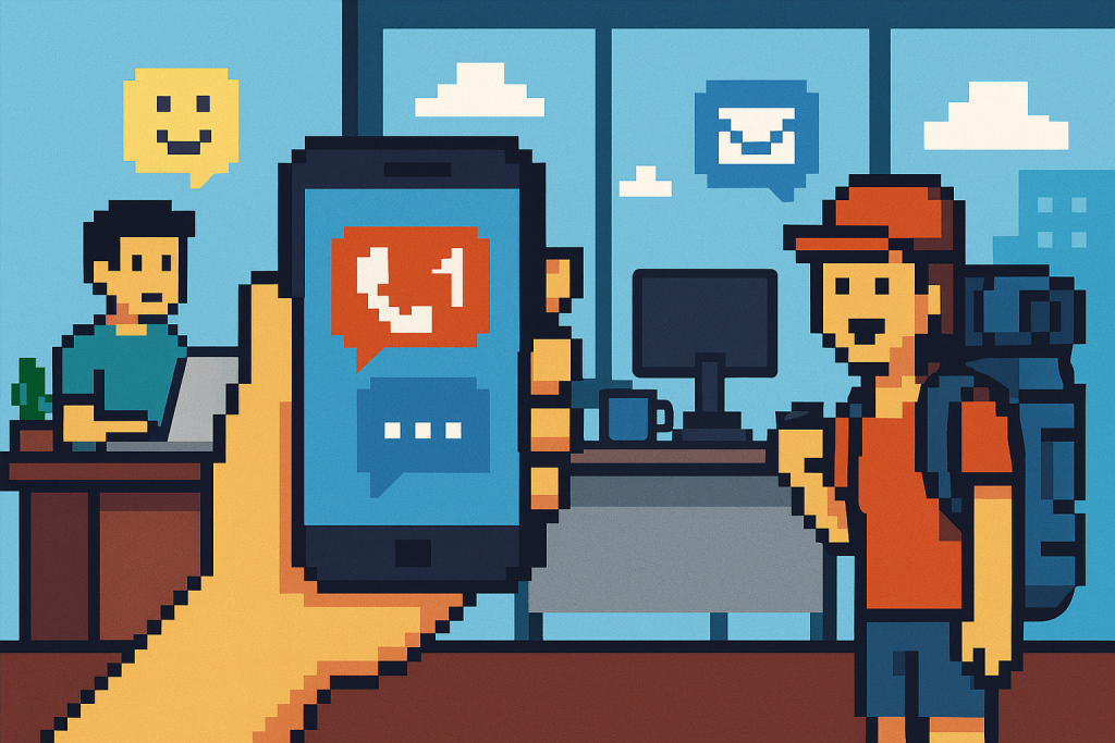 Illustration of hand holding phone with notifications in a modern workspace setting, with a relaxed mood.