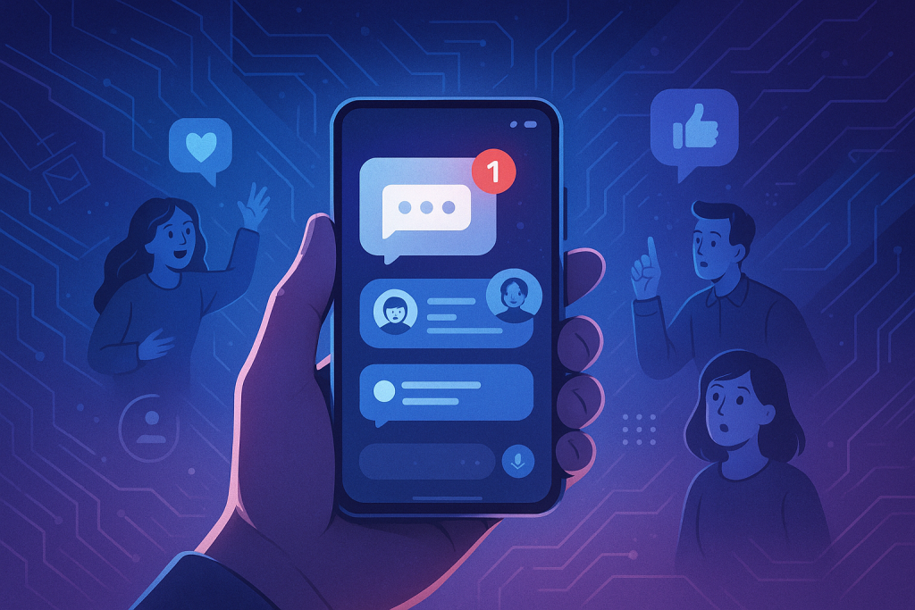 Illustration of hand holding phone with notifications in a abstract tech patterns setting, with a focused mood.