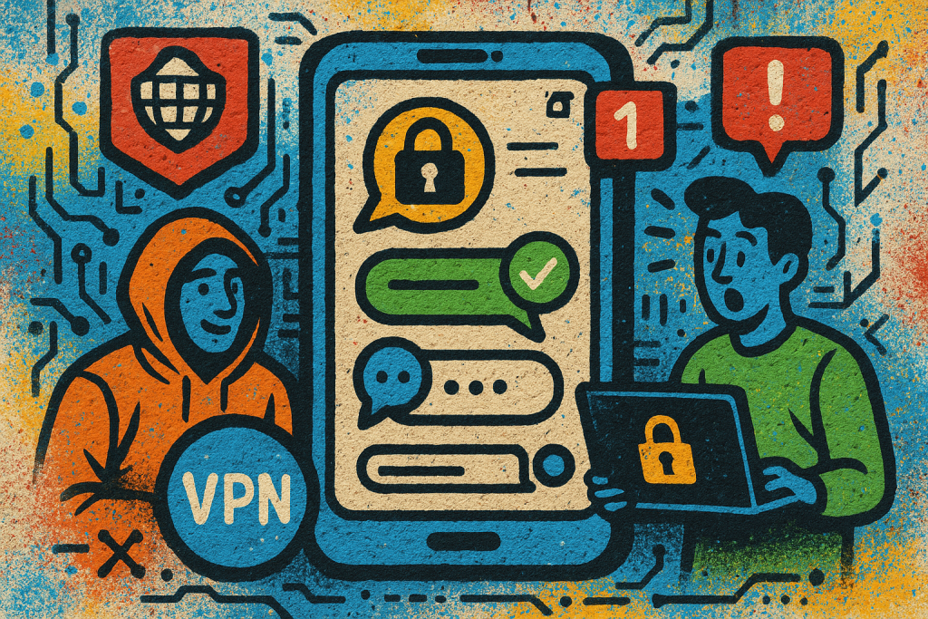 Illustration of private conversation interface demo in a abstract tech patterns setting, with a inspired mood.