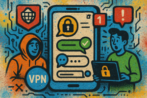 Illustration of private conversation interface demo in a abstract tech patterns setting, with a inspired mood.