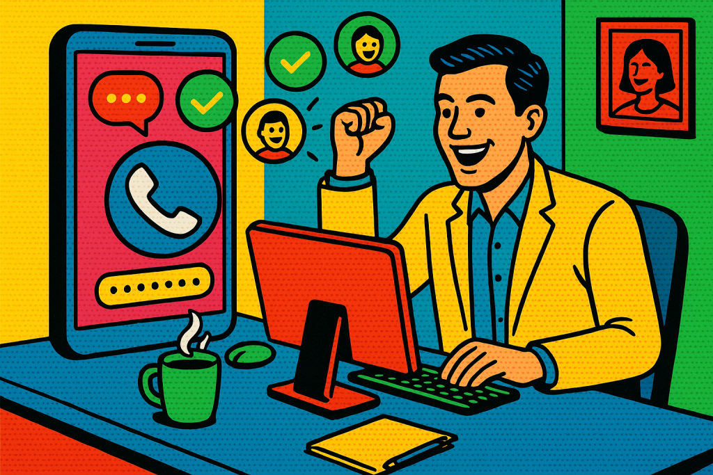 Illustration of virtual phone number concept on screen in a home office desk setting, with a inspired mood.