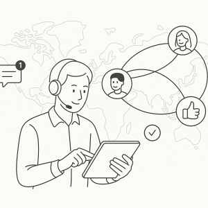 Illustration of support agent using app in a global network map setting, with a creative mood.