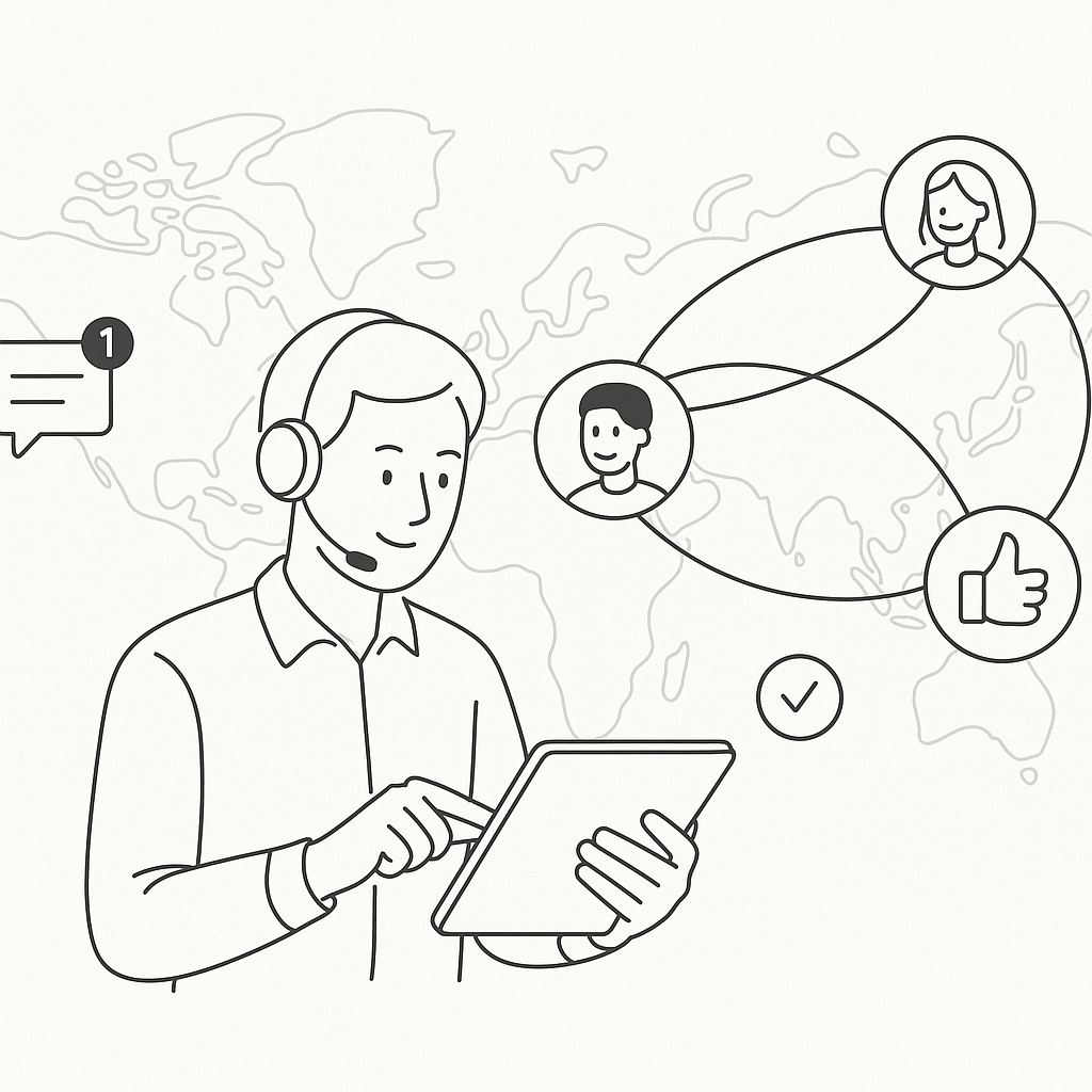 Illustration of support agent using app in a global network map setting, with a creative mood.