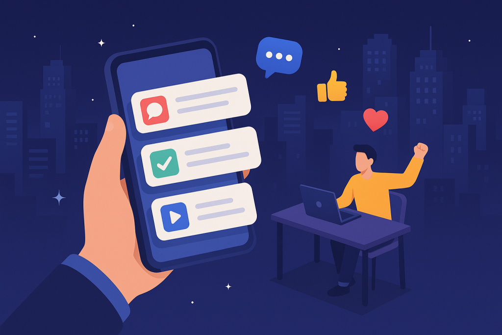 Illustration of hand holding phone with notifications in a city skyline at night setting, with a inspired mood.