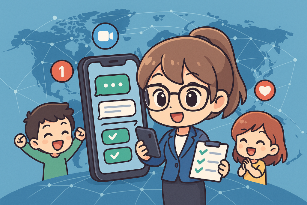 Illustration of smartphone with messaging apps open in a global network map setting, with a creative mood.