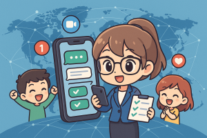 Illustration of smartphone with messaging apps open in a global network map setting, with a creative mood.