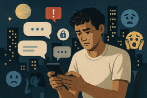 Illustration of user texting with multiple chat bubbles in a city skyline at night setting, with a relaxed mood.