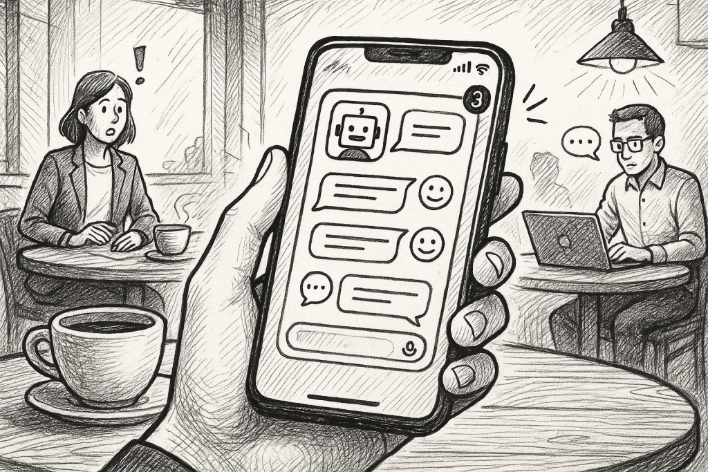 Illustration of smartphone with messaging apps open in a coffee shop setting setting, with a determined mood.