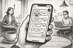 Illustration of smartphone with messaging apps open in a coffee shop setting setting, with a determined mood.