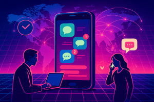 Illustration of smartphone with messaging apps open in a global network map setting, with a focused mood.