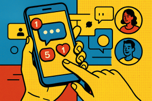 Illustration of hand holding phone with notifications in a minimal app interface setting, with a focused mood.