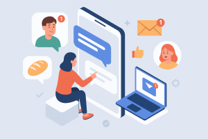 Illustration of person managing messages from devices in a minimal app interface setting, with a creative mood.