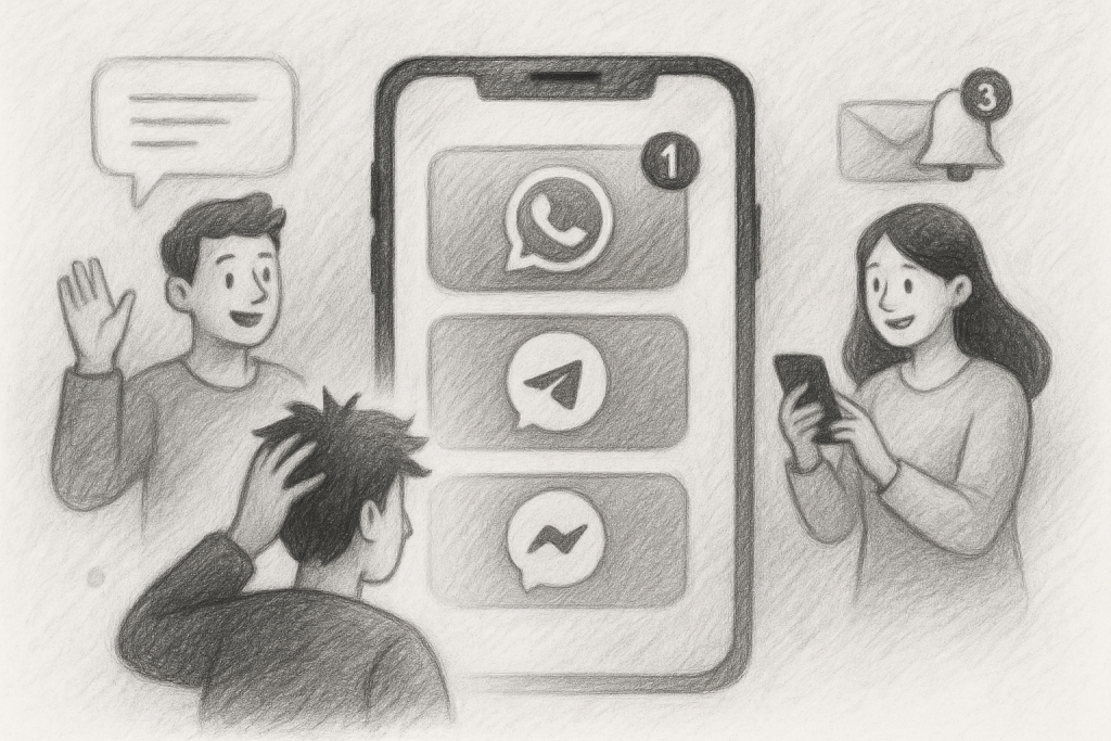 Illustration of smartphone with messaging apps open in a minimal app interface setting, with a creative mood.