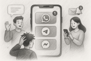Illustration of smartphone with messaging apps open in a minimal app interface setting, with a creative mood.