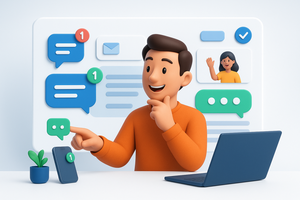 Illustration of person managing messages from devices in a clean digital dashboard setting, with a inspired mood.