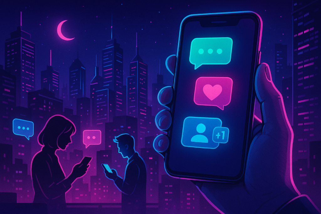 Illustration of hand holding phone with notifications in a city skyline at night setting, with a relaxed mood.