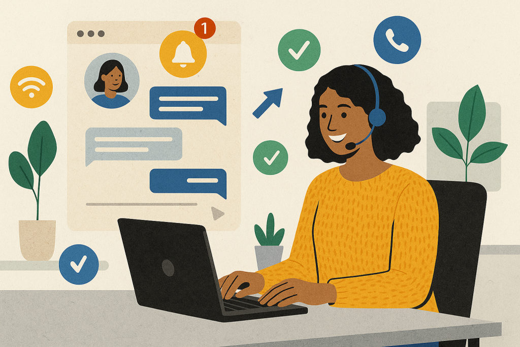 Illustration of private conversation interface demo in a modern workspace setting, with a happy mood.