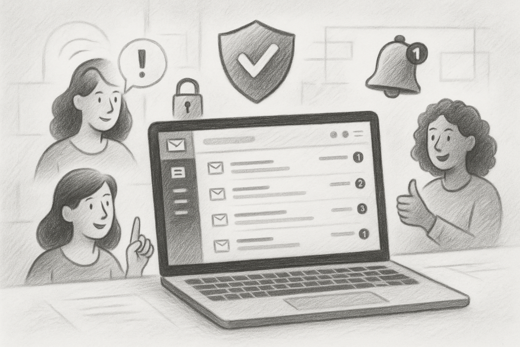 Illustration of laptop displaying unified inbox in a clean digital dashboard setting, with a inspired mood.