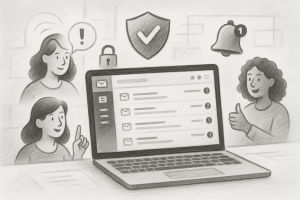 Illustration of laptop displaying unified inbox in a clean digital dashboard setting, with a inspired mood.
