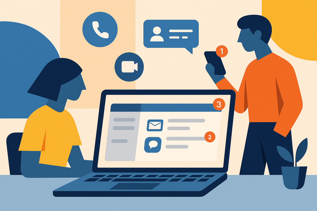 Illustration of laptop displaying unified inbox in a modern workspace setting, with a focused mood.