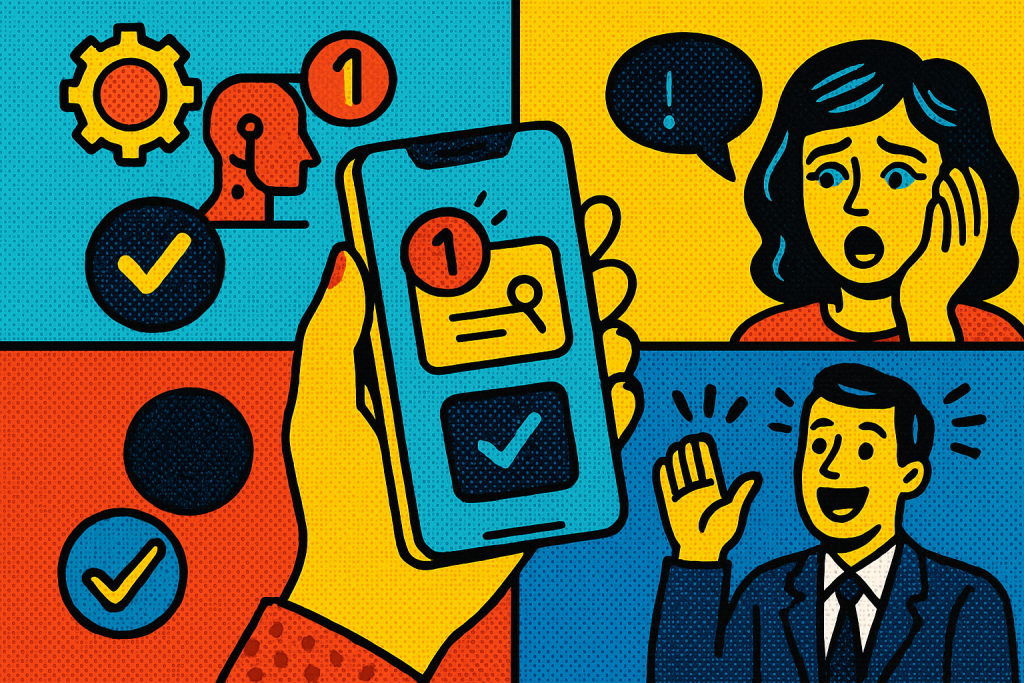 Illustration of hand holding phone with notifications in a minimal app interface setting, with a creative mood.