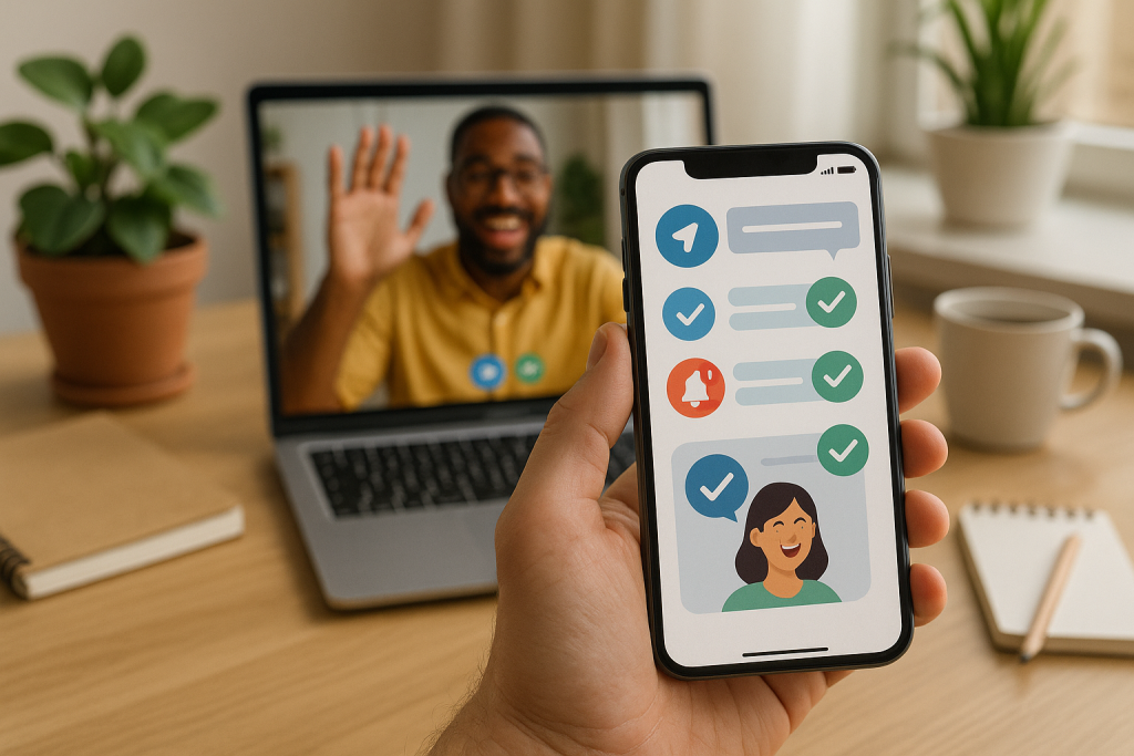 Illustration of hand holding phone with notifications in a home office desk setting, with a happy mood.