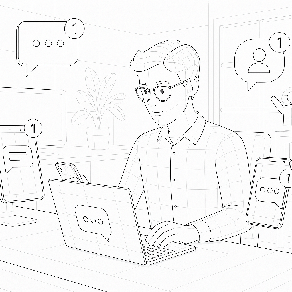 Illustration of person managing messages from devices in a modern workspace setting, with a determined mood.