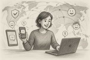 Illustration of person managing messages from devices in a global network map setting, with a happy mood.