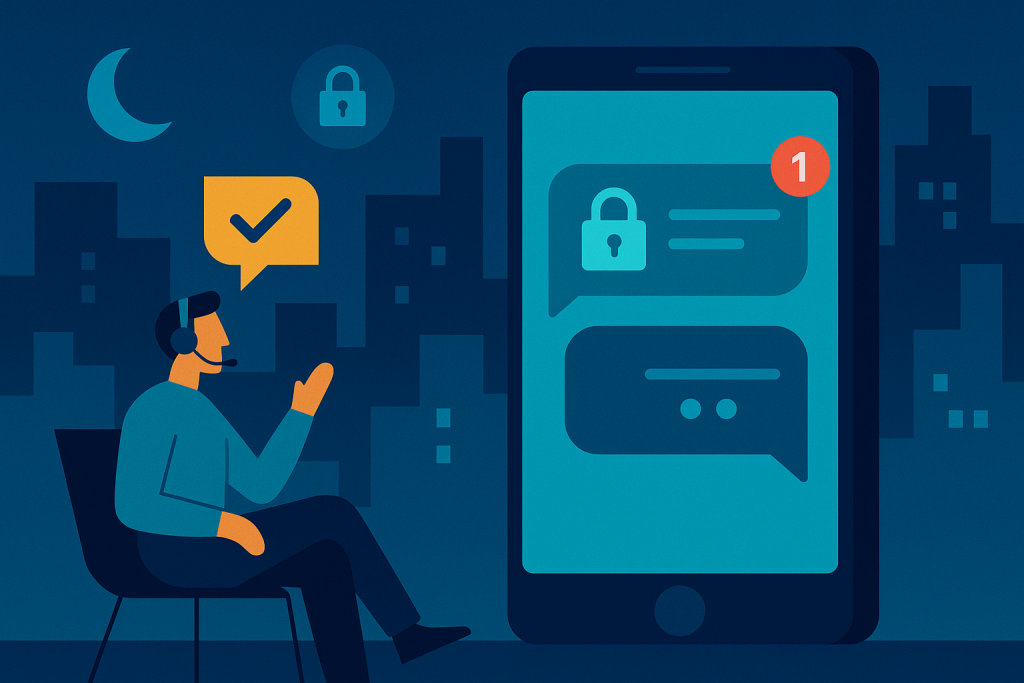 Illustration of smartphone with messaging apps open in a city skyline at night setting, with a relaxed mood.