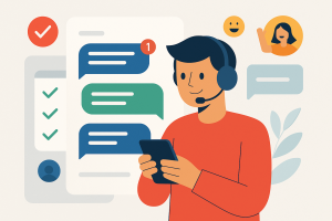 Illustration of user texting with multiple chat bubbles in a minimal app interface setting, with a happy mood.