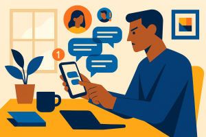 Illustration of user texting with multiple chat bubbles in a home office desk setting, with a determined mood.