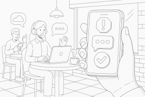 Illustration of hand holding phone with notifications in a coffee shop setting setting, with a creative mood.