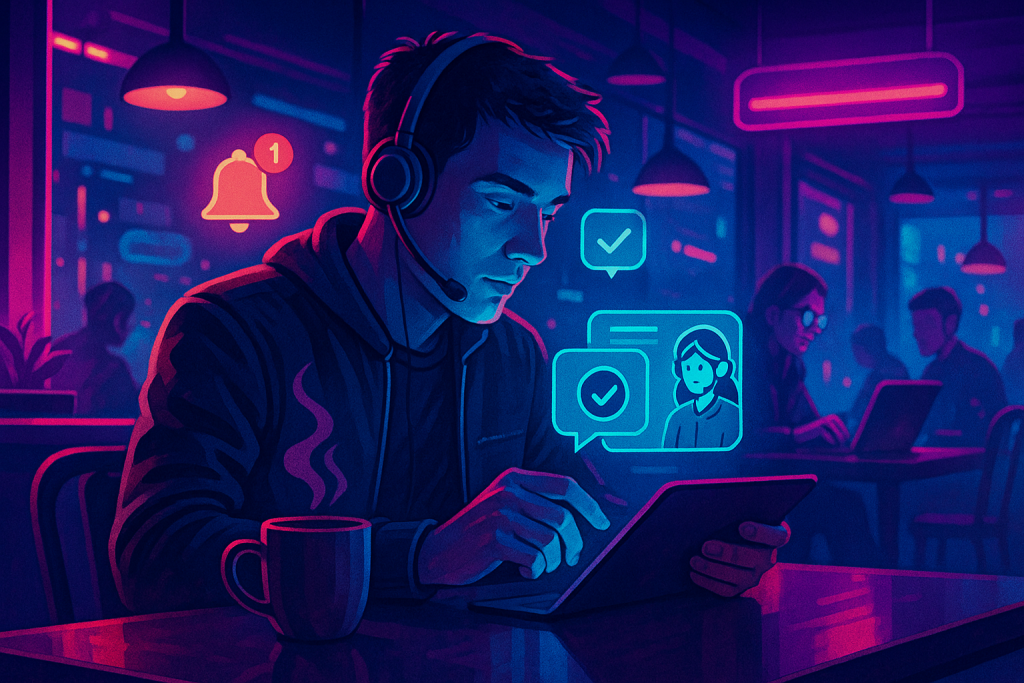 Illustration of support agent using app in a coffee shop setting setting, with a focused mood.