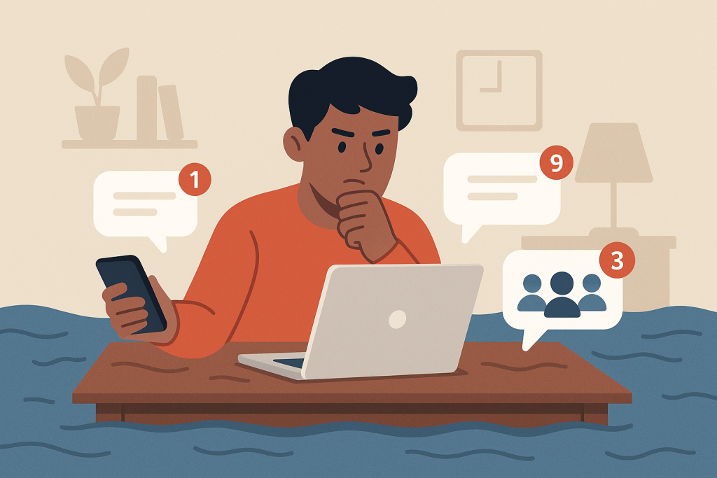 Illustration of person managing messages from devices in a home office desk setting, with a determined mood.