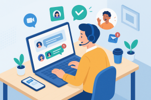 Illustration of support agent using app in a modern workspace setting, with a inspired mood.