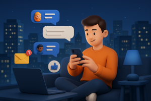 Illustration of user texting with multiple chat bubbles in a city skyline at night setting, with a relaxed mood.