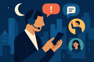 Illustration of support agent using app in a city skyline at night setting, with a inspired mood.