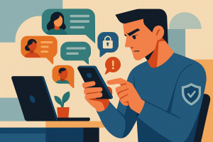 Illustration of user texting with multiple chat bubbles in a home office desk setting, with a determined mood.