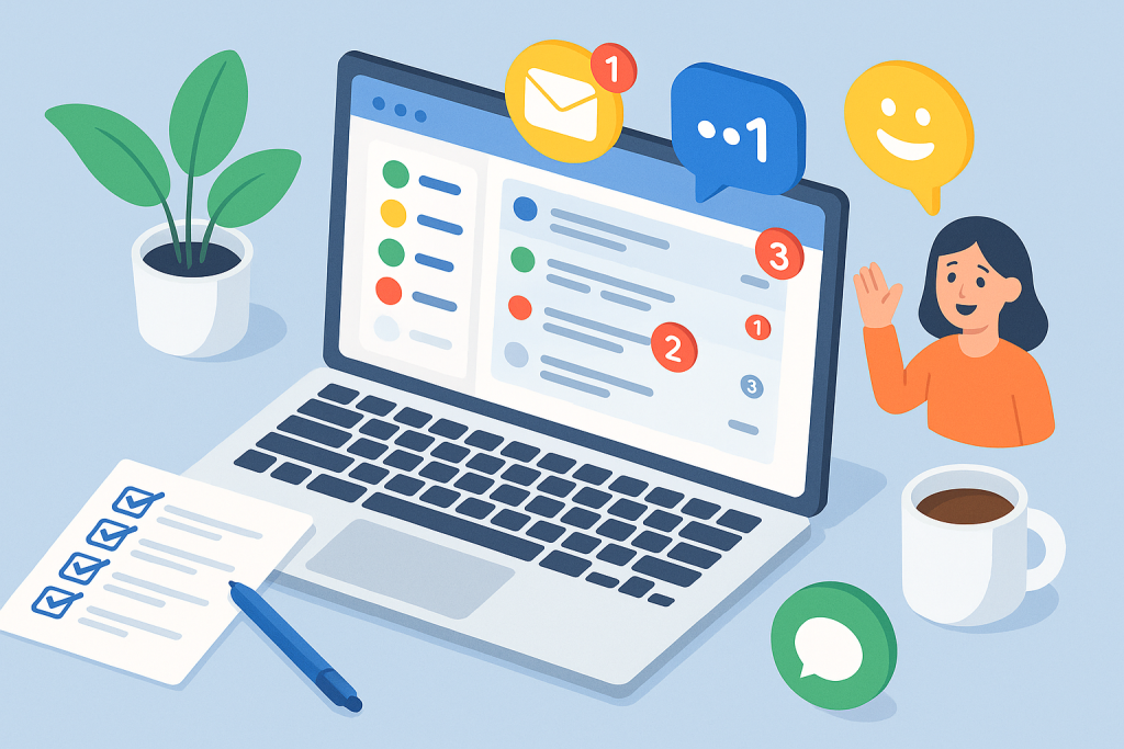 Illustration of laptop displaying unified inbox in a modern workspace setting, with a happy mood.