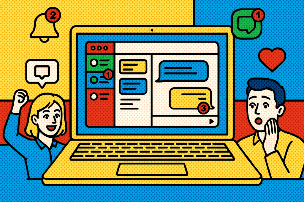 Illustration of laptop displaying unified inbox in a clean digital dashboard setting, with a determined mood.