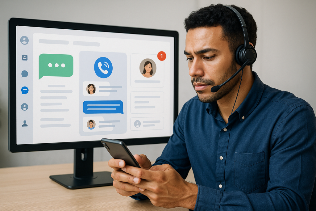 Illustration of support agent using app in a clean digital dashboard setting, with a focused mood.