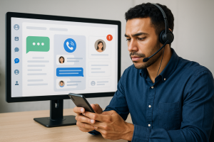Illustration of support agent using app in a clean digital dashboard setting, with a focused mood.